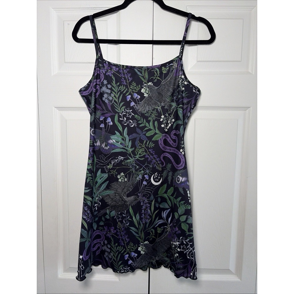 Raven Snake Mushroom Cami Dress Womens Size L Black Goth Witchy Mini Alt Y2K
